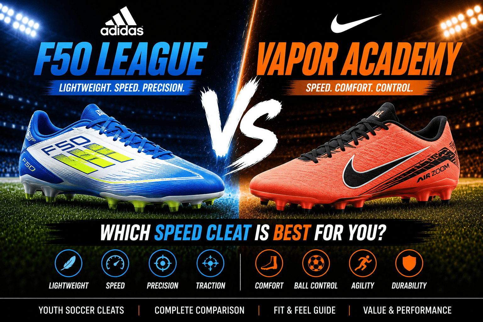 Adidas F50 League vs Nike Vapor Academy youth soccer cleats comparison