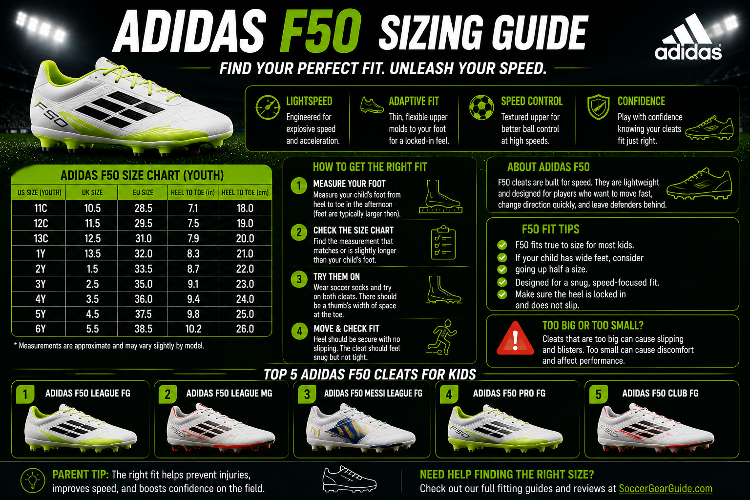 Adidas F50 sizing guide for kids and youth soccer players
