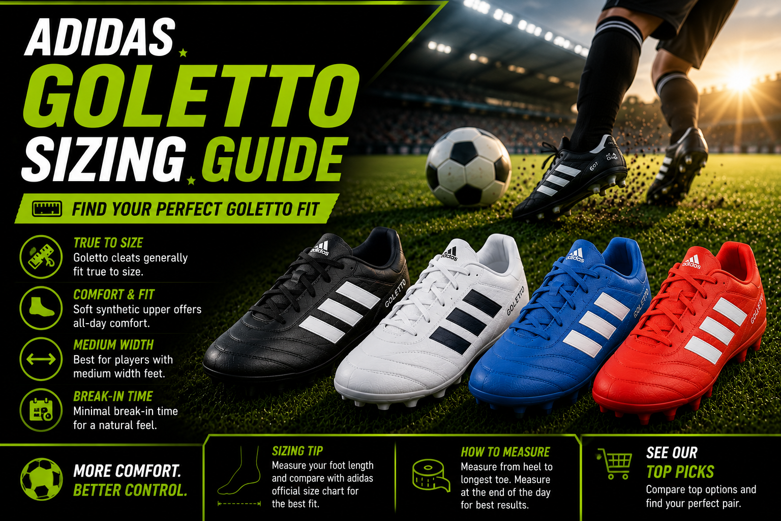 Adidas Goletto sizing guide for kids and youth soccer cleats