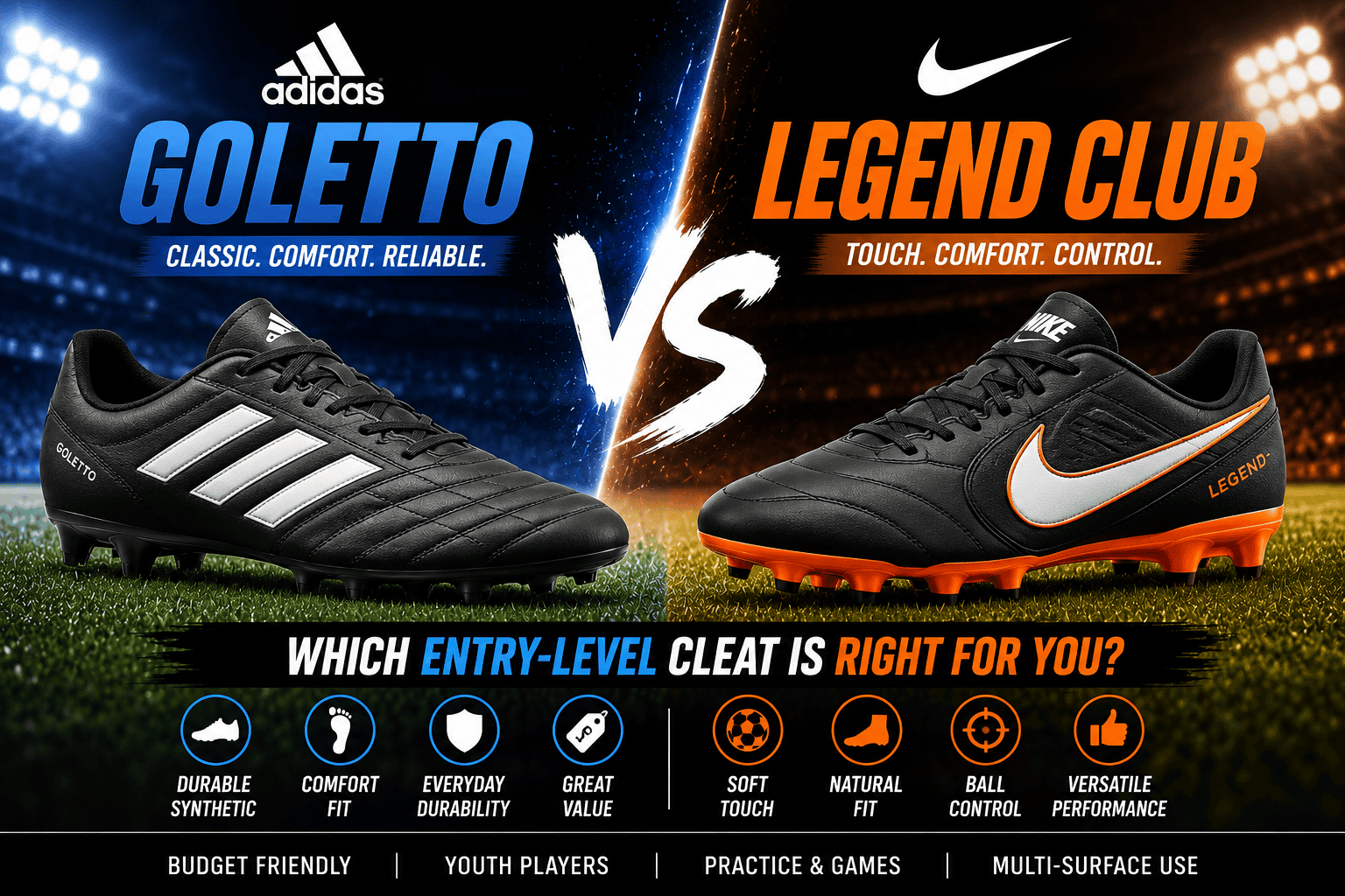 Adidas Goletto vs Nike Legend Club youth soccer cleats comparison