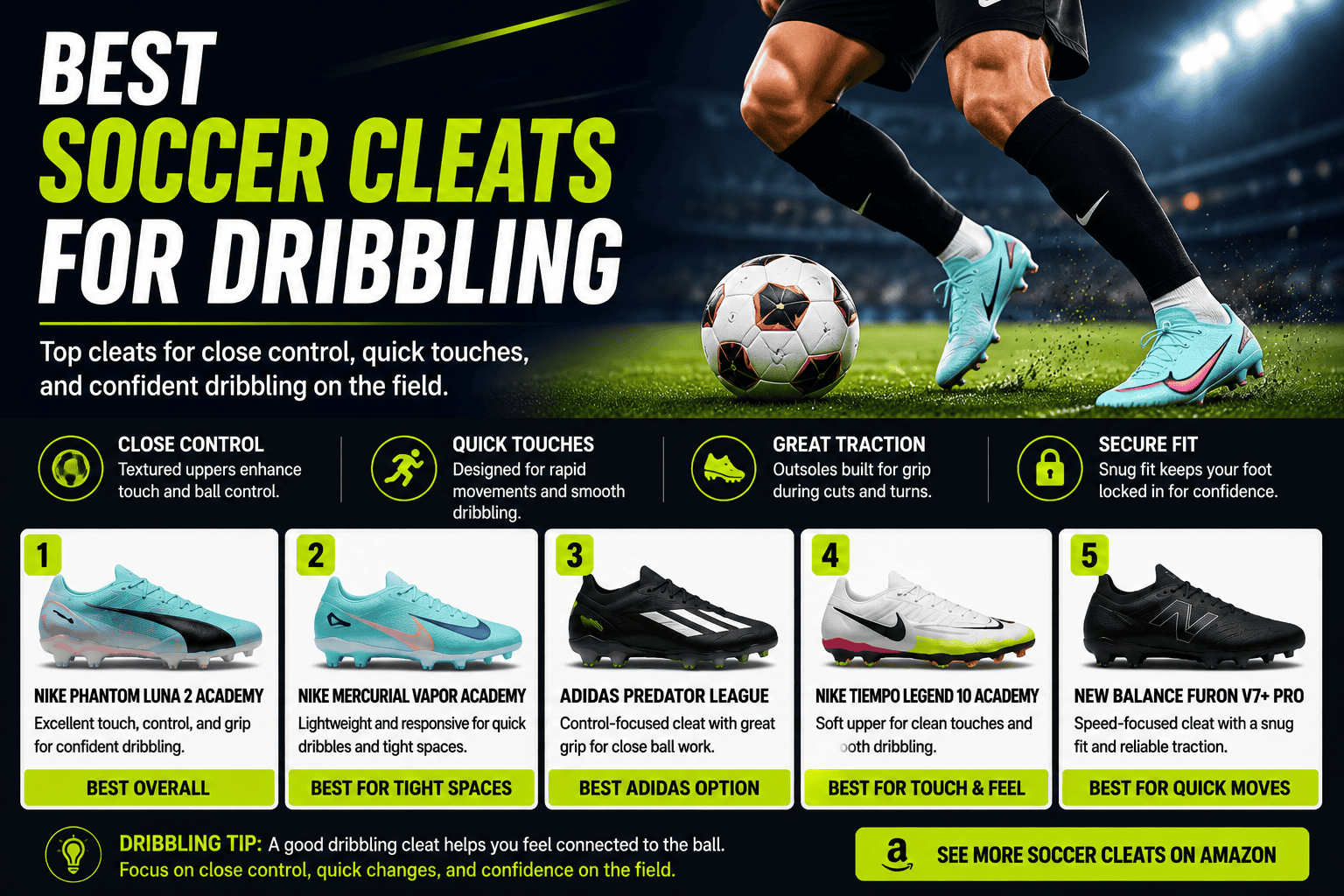 Best soccer cleats for dribbling and close ball control in youth soccer