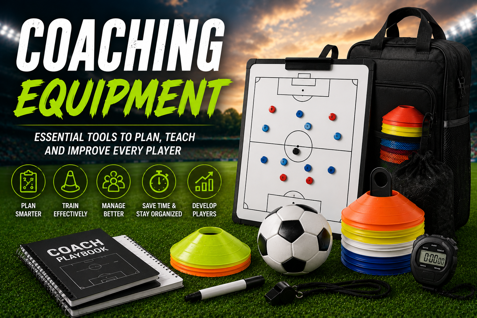 Soccer coaching equipment guide with cones boards bibs ball bags whistles and team gear