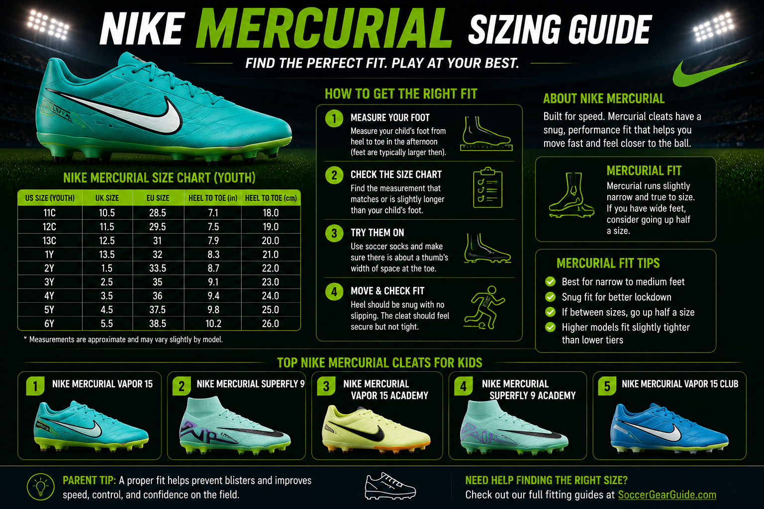 Nike Mercurial sizing guide for kids and youth soccer players