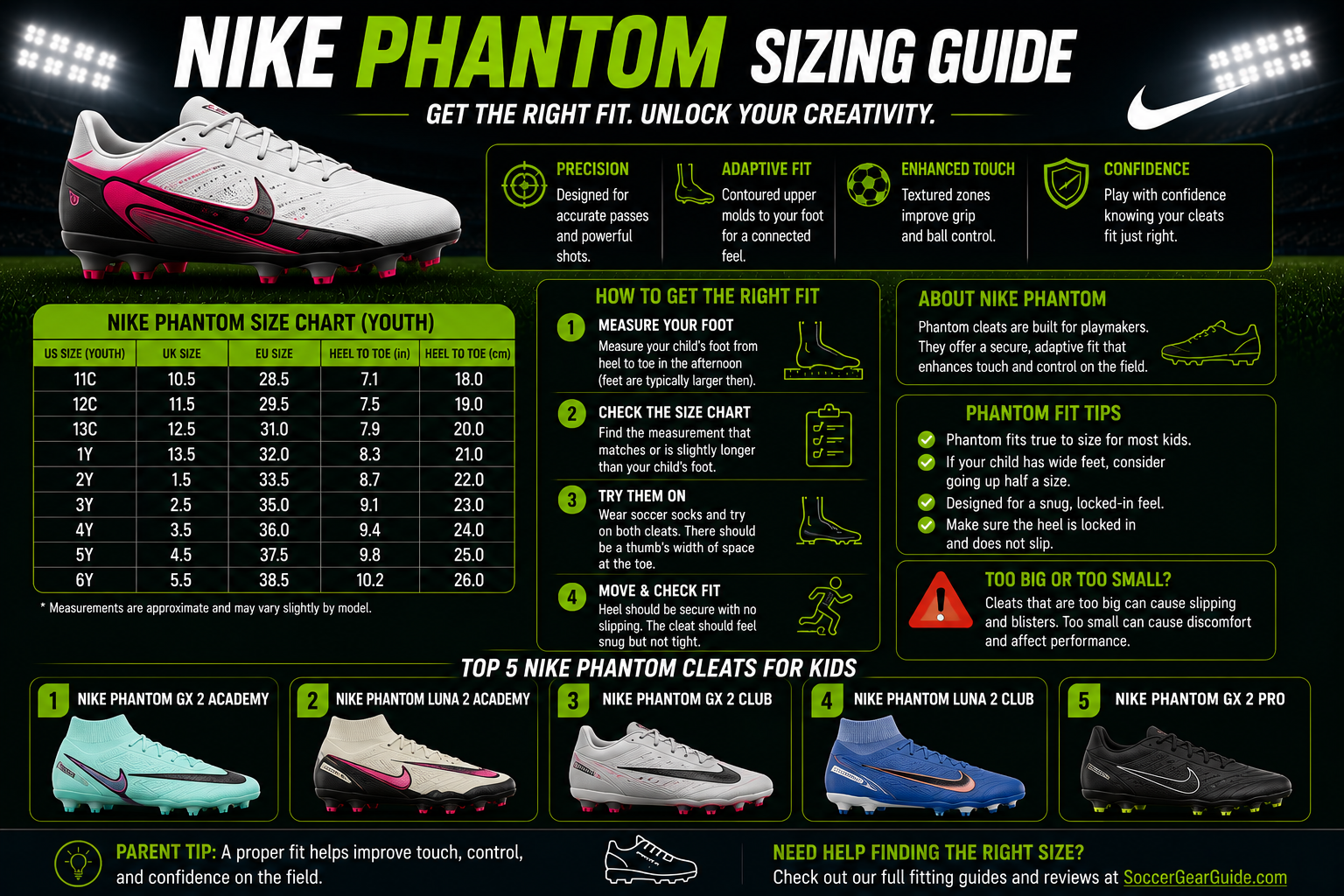 Nike Phantom sizing guide for kids and youth soccer players