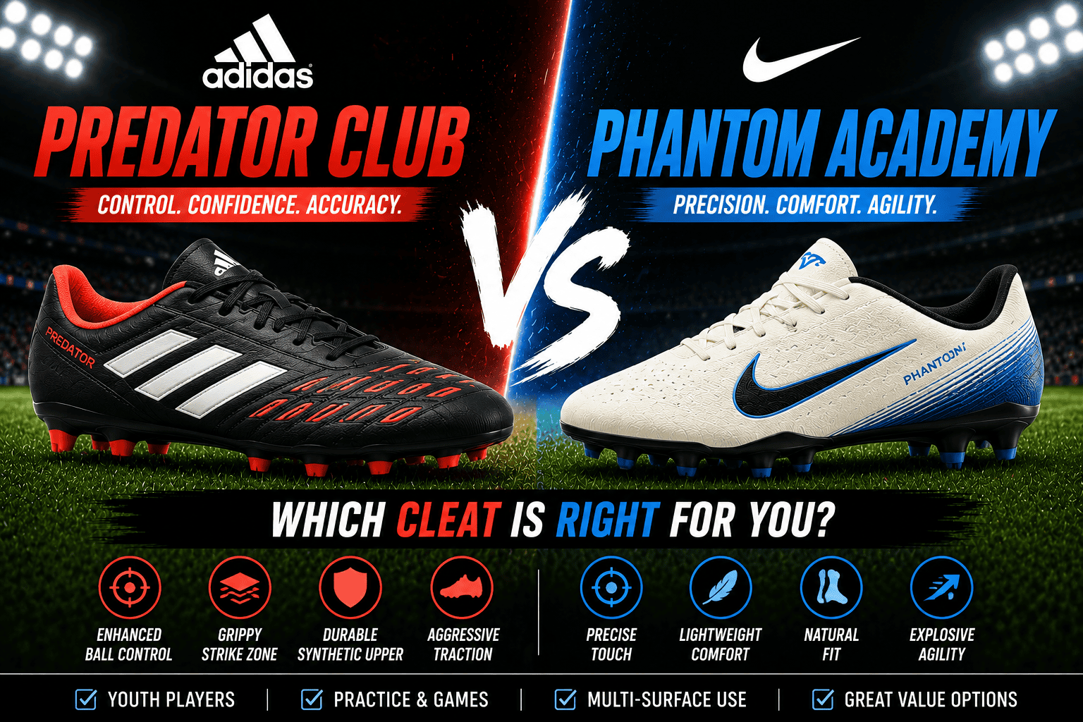 Predator Club vs Nike Phantom Academy youth soccer cleats comparison