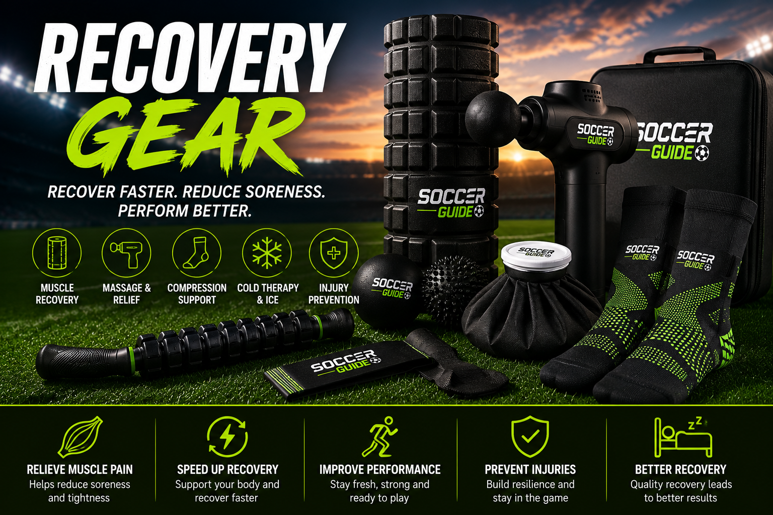 Soccer recovery gear guide with foam rollers massage guns braces compression sleeves and recovery tools