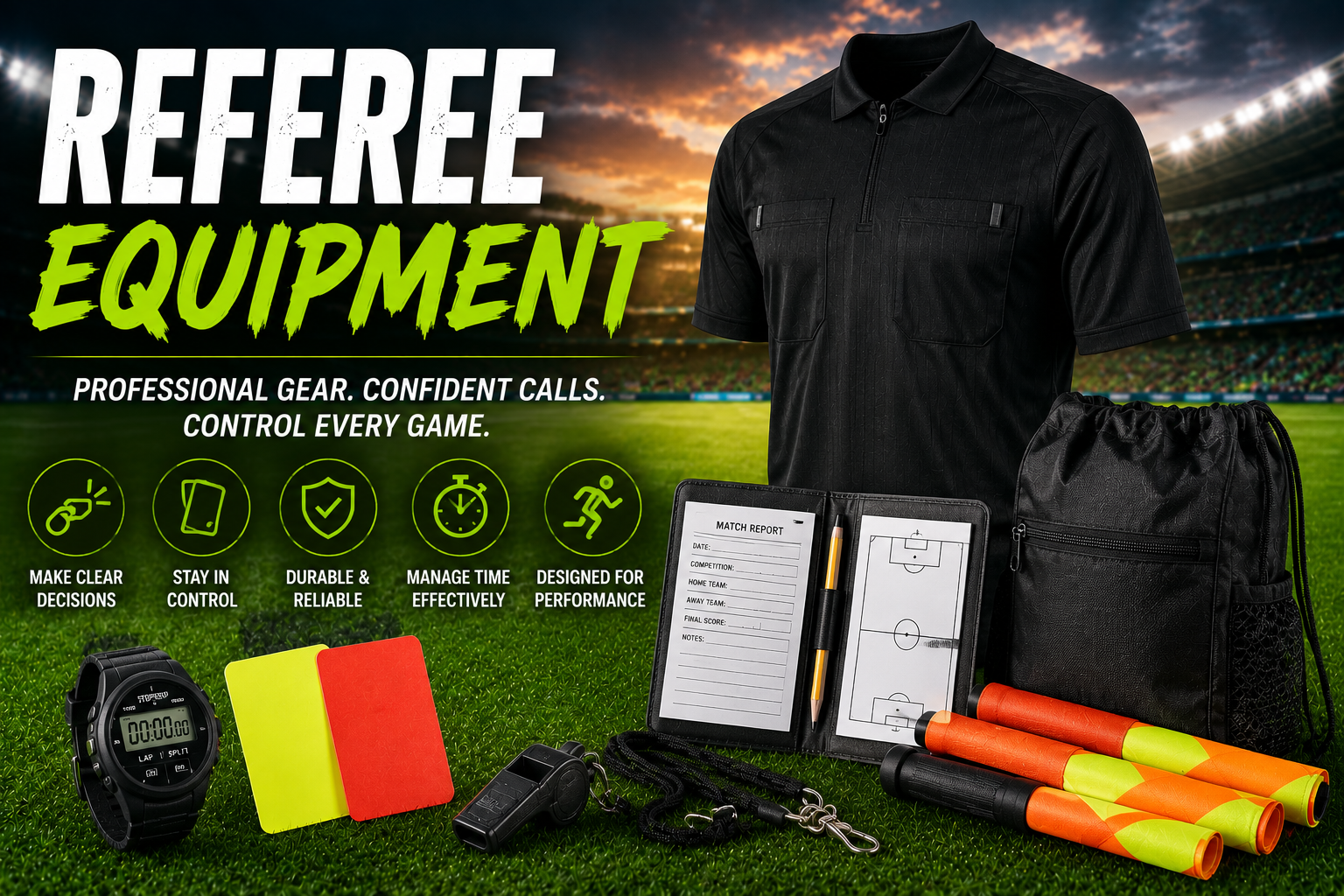 Soccer referee equipment guide with whistles cards watches flags uniforms and referee gear