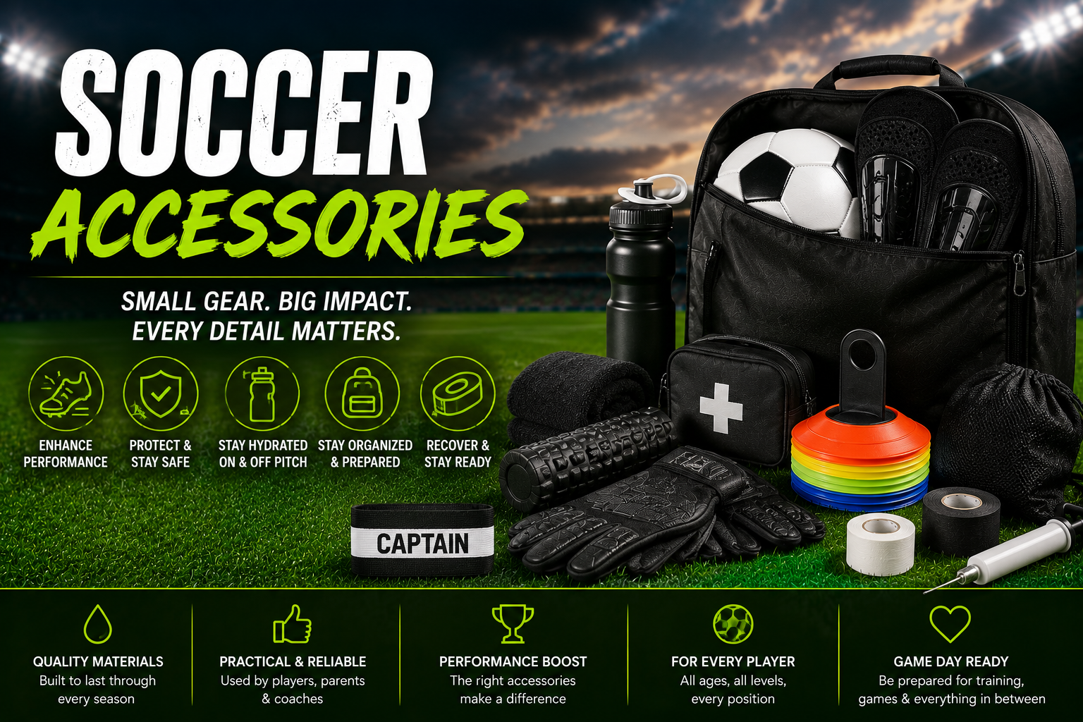 Soccer accessories guide with bags backpacks ball pumps water bottles insoles and essential gear