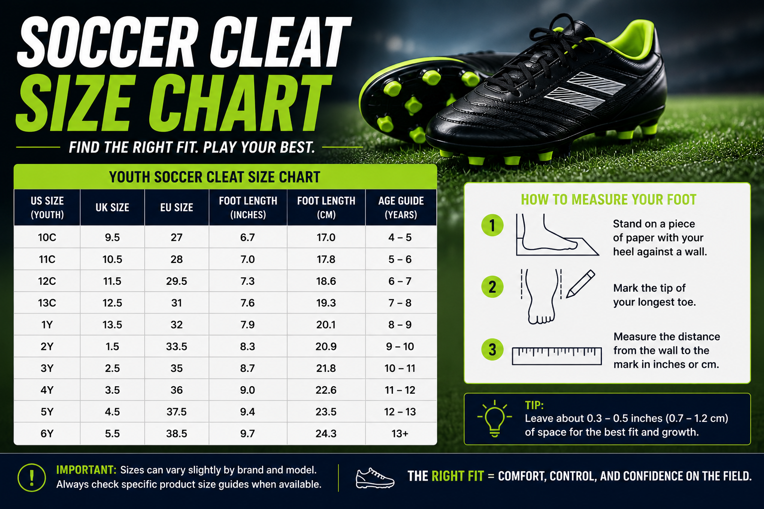 Soccer cleat size chart for kids and youth players