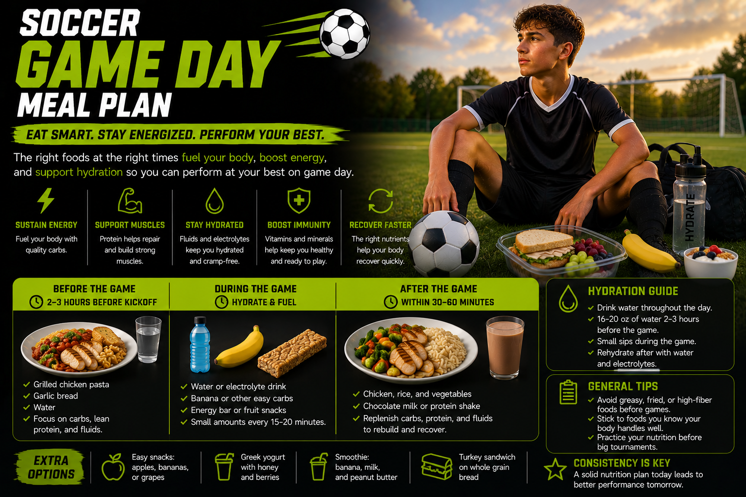 Soccer game day meal plan pre-game and recovery nutrition