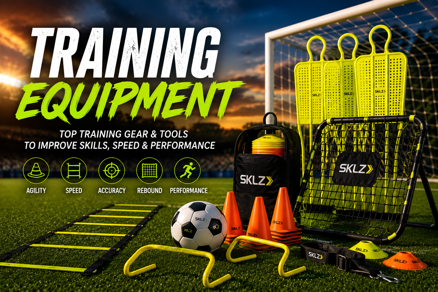 Soccer training equipment guide with cones ladders rebounders goals and training tools
