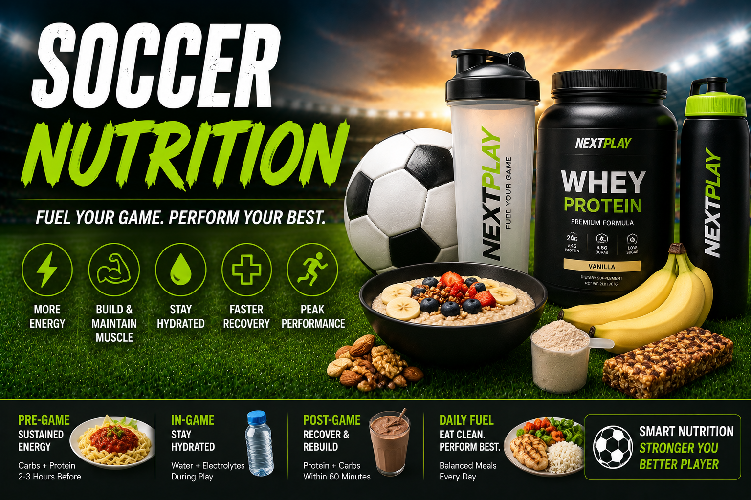 Soccer nutrition guide with protein hydration snacks electrolytes and recovery fuel