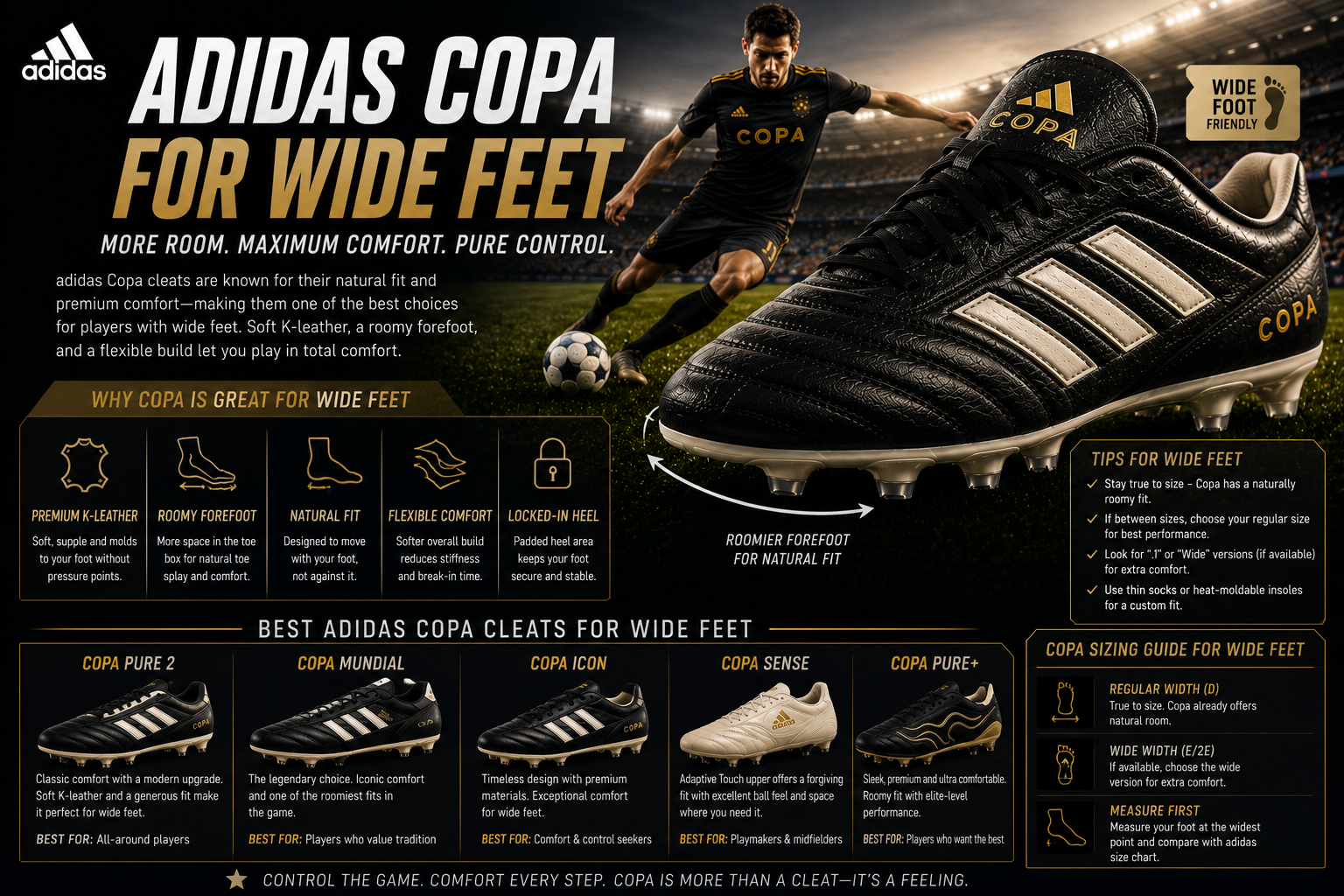 Adidas Copa soccer cleats for wide feet fit sizing and best models